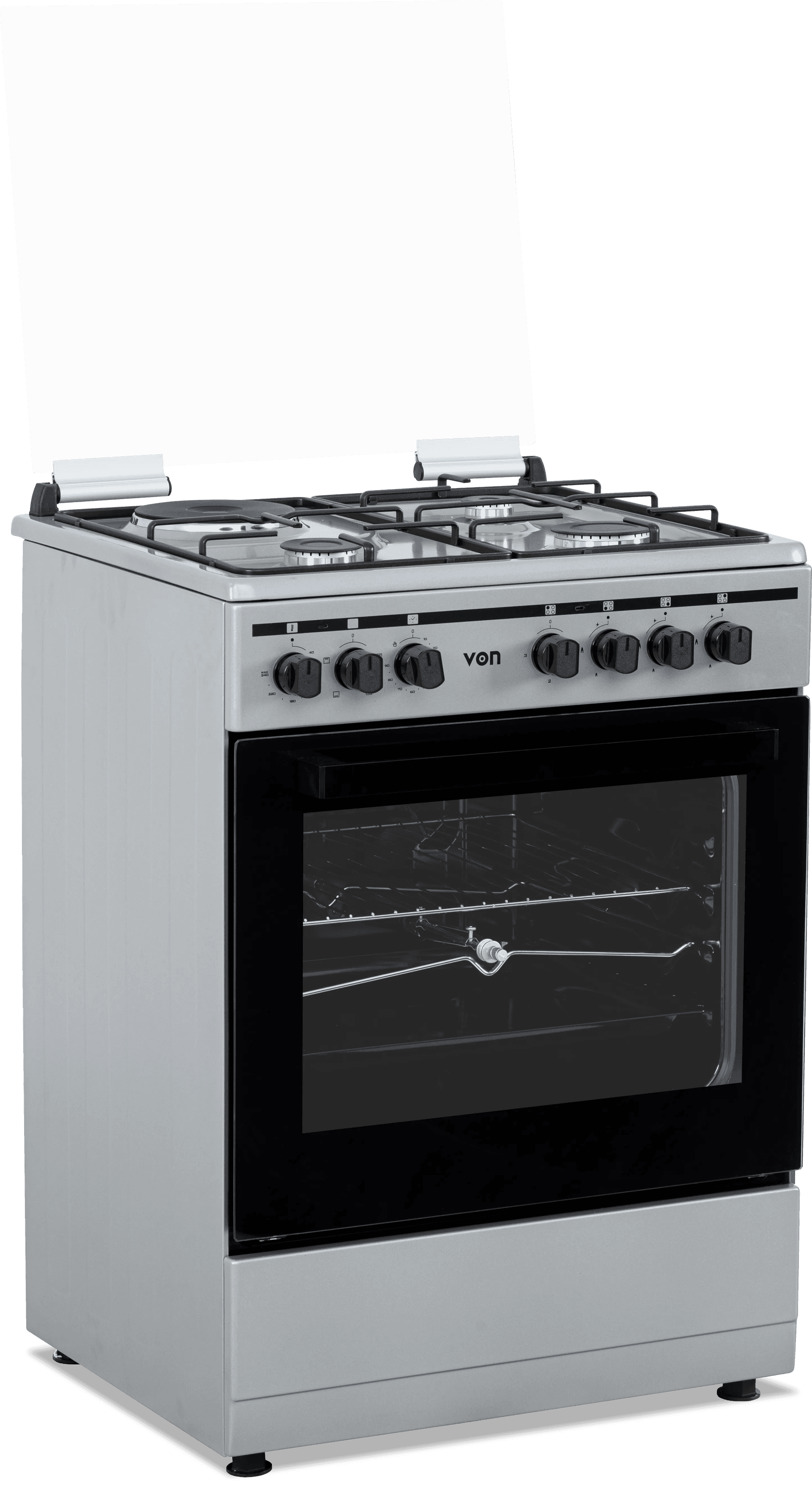 VON VCF653141NSY Freestanding Cooker – 3 Gas + 1 Electric Burners, Thick Enamel Pan Support