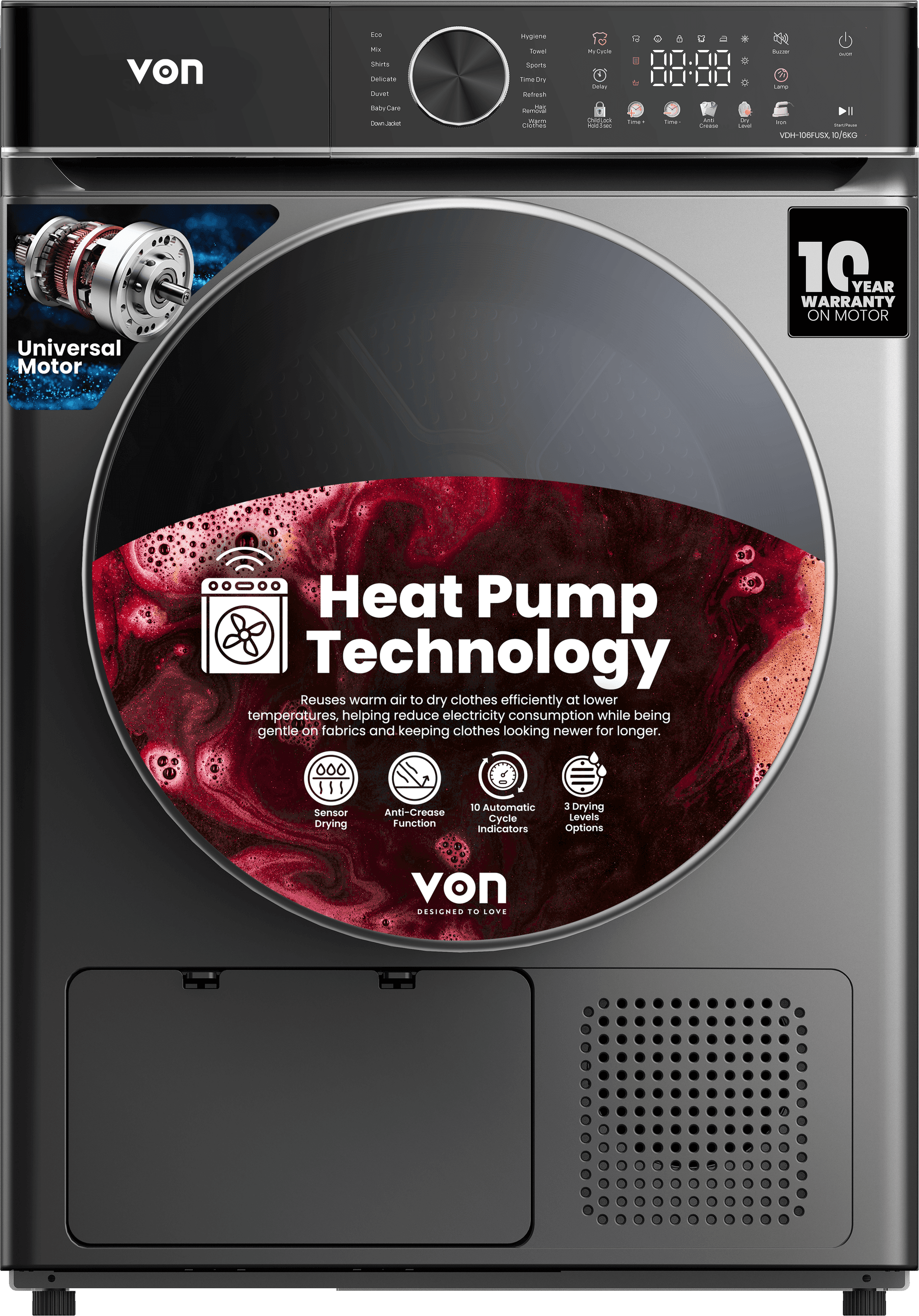 Von 10Kg Front Load Dryer, Heat Pump, Universal Motor, Dark Silver (VDH-106FUSX)