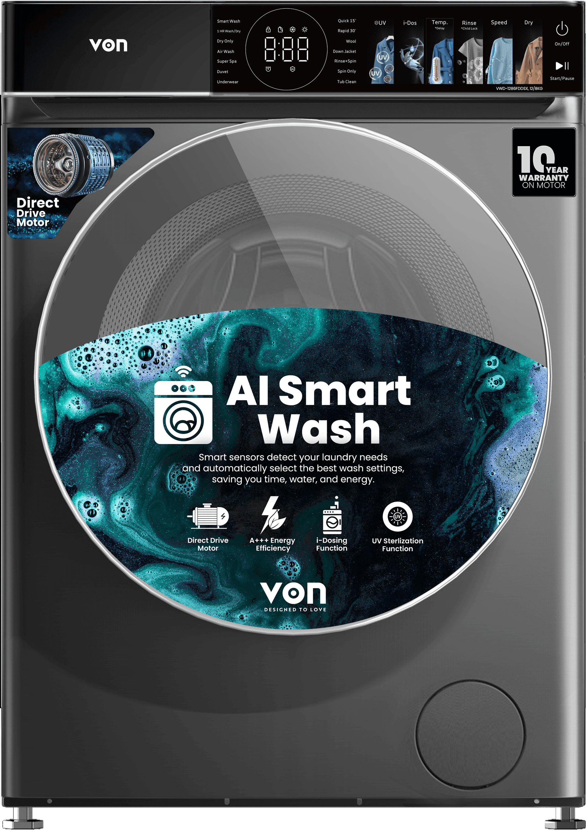 Von 12/8Kg Front Load Washer & Dryer 1400RPM, Direct Drive Motor, Dark Silver (VWD-1286FDDSX)