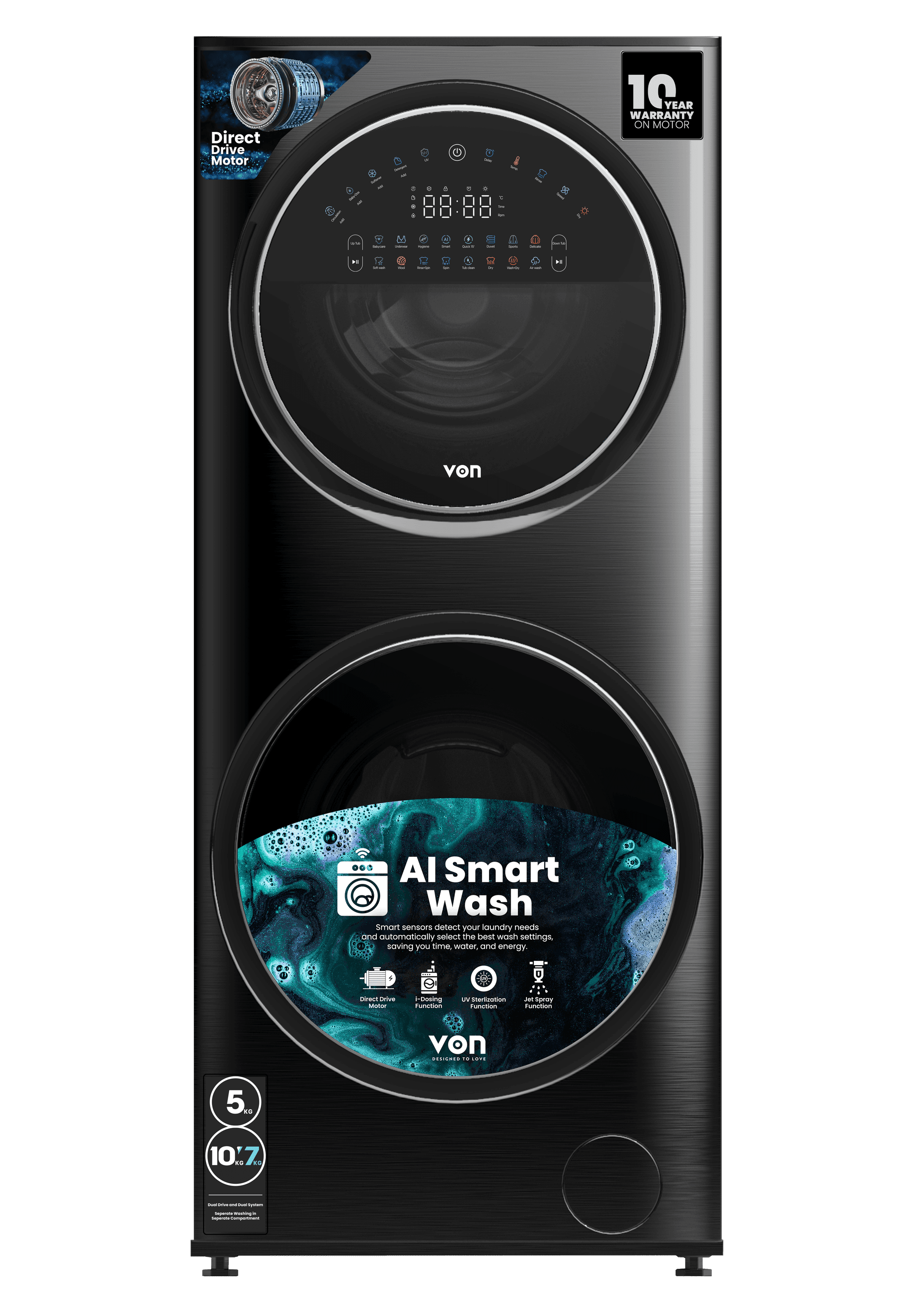 Von 15/7Kg Front Load Washer & Dryer 1400RPM, Direct Drive Motor, Dark Inox (VWT-1576FDDSX)