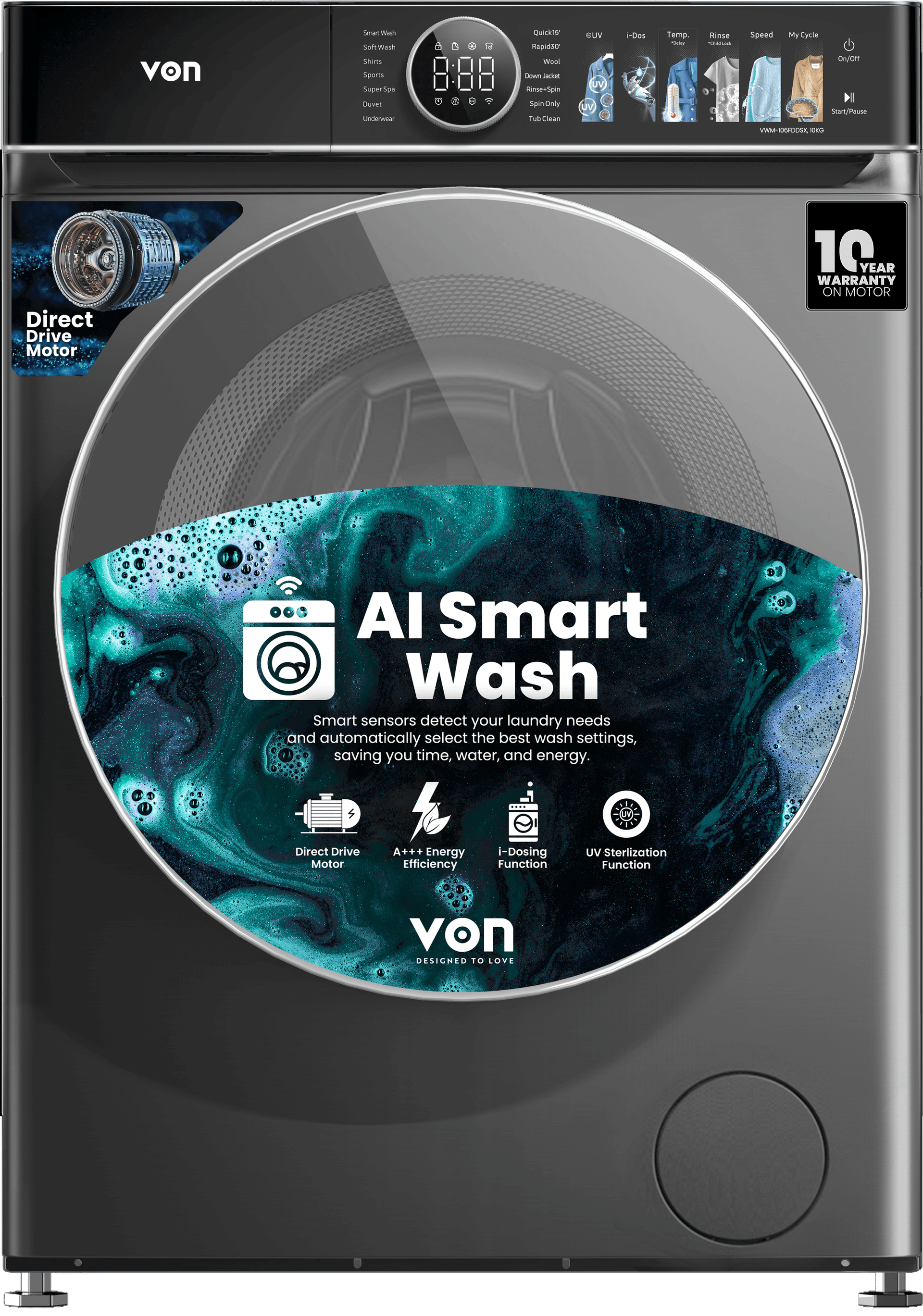 12Kg Front Load Washing Machine 1200RPM, Direct Drive Motor, Dark Silver (VWM-126FDDSX)