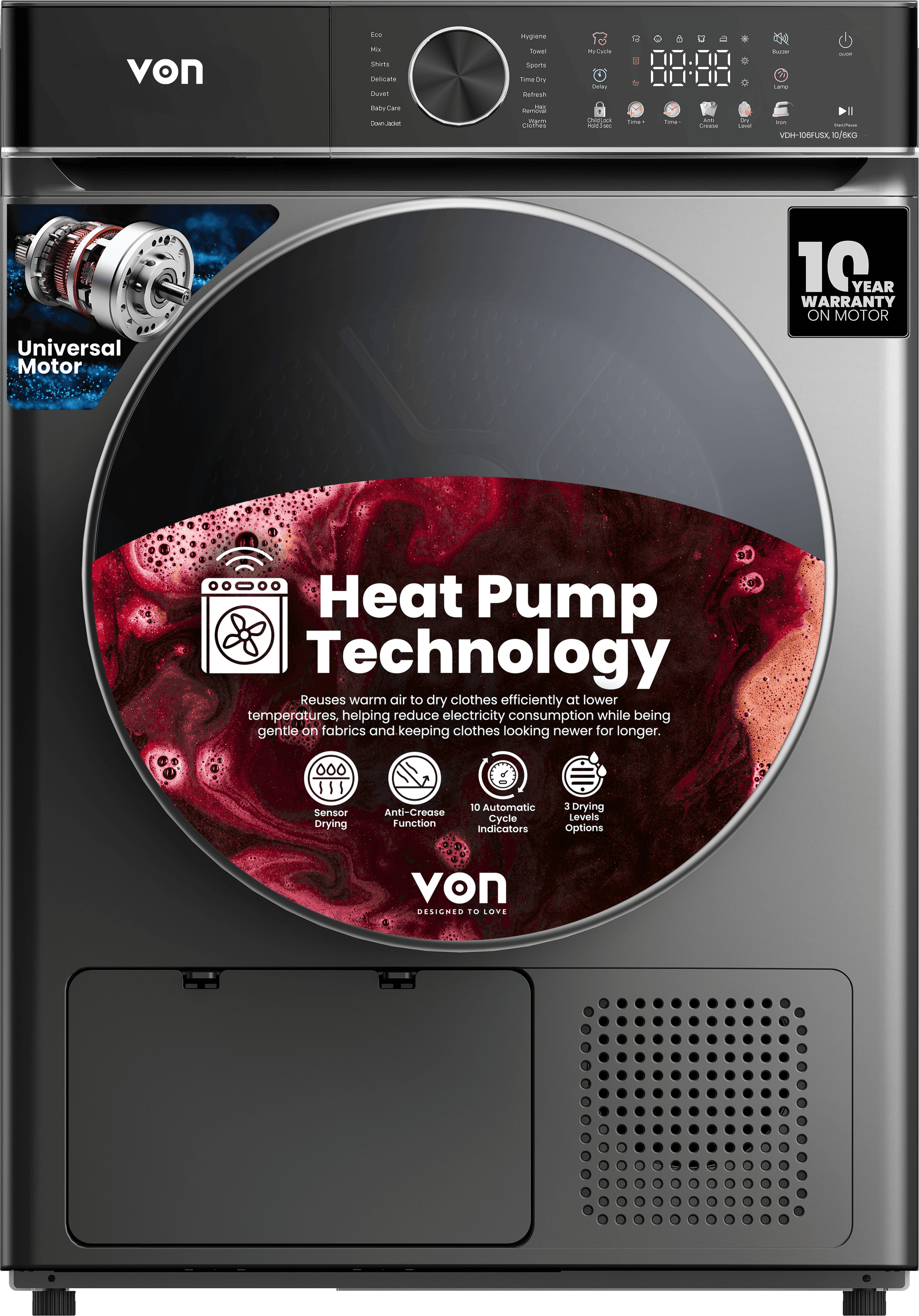 10Kg Front Load Dryer, Heat Pump, Universal Motor, Dark Silver (VDH-106FUSX)