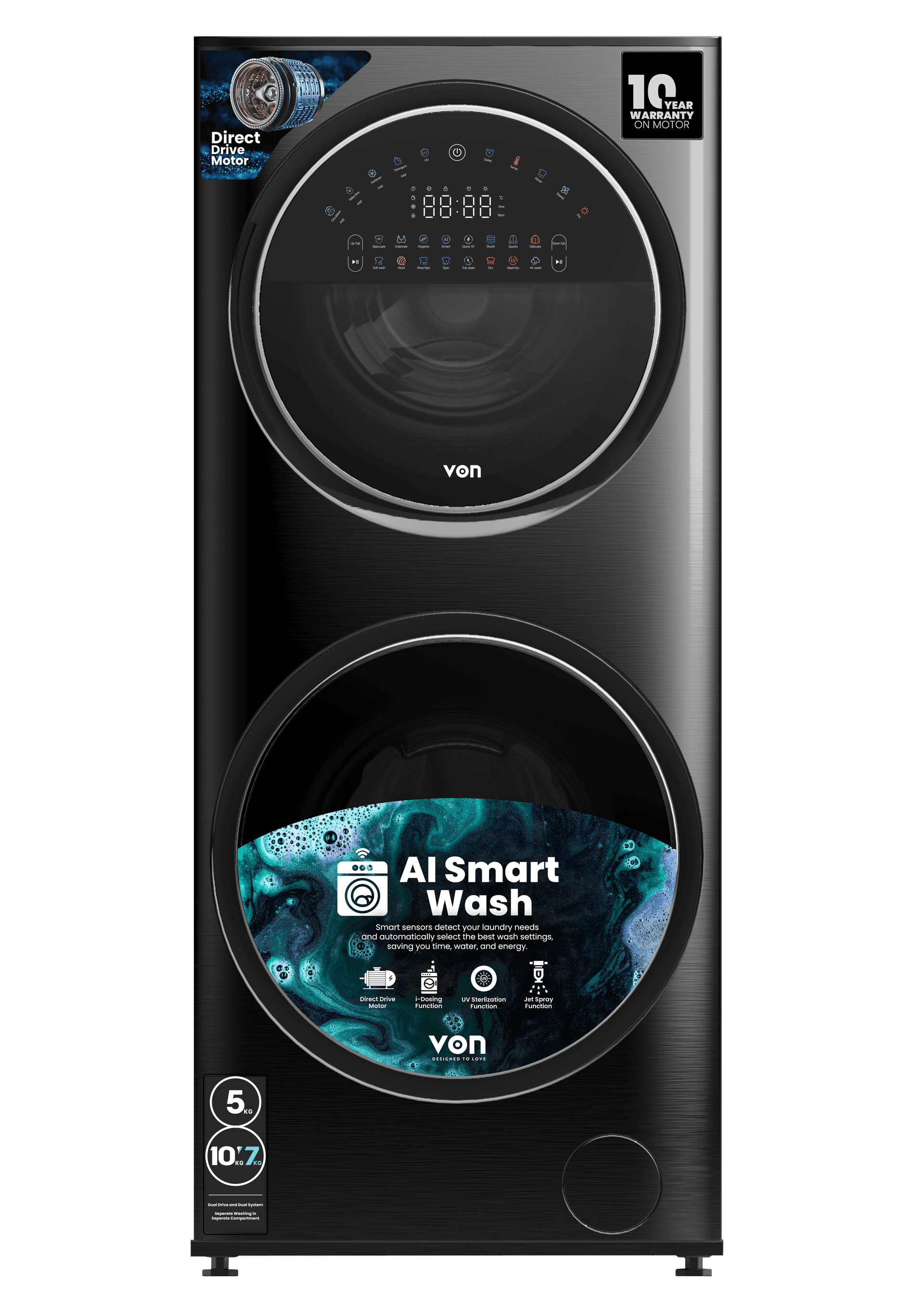 Front Load Washer & Dryer 1400RPM, Direct Drive Motor, Dark Inox (VWT-1576FDDSX)