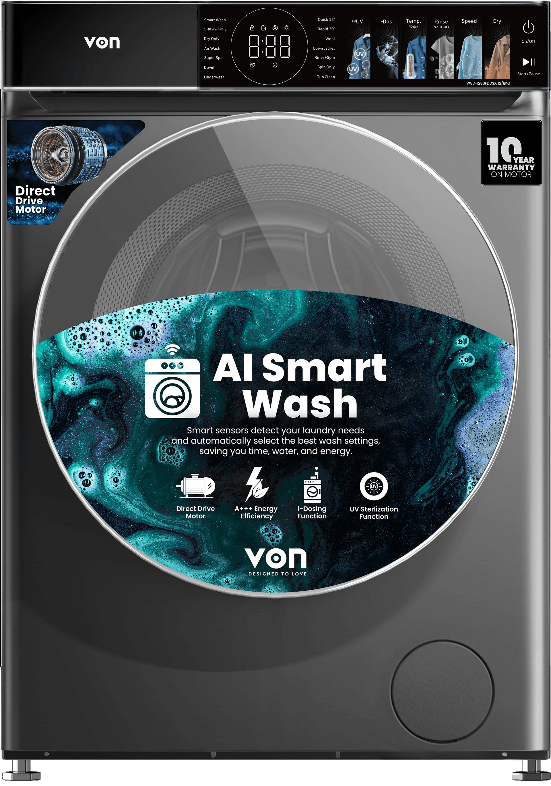 Von 12/8Kg Front Load Washer & Dryer 1400RPM, Direct Drive Motor, Dark Silver (VWD-1286FDDSX)