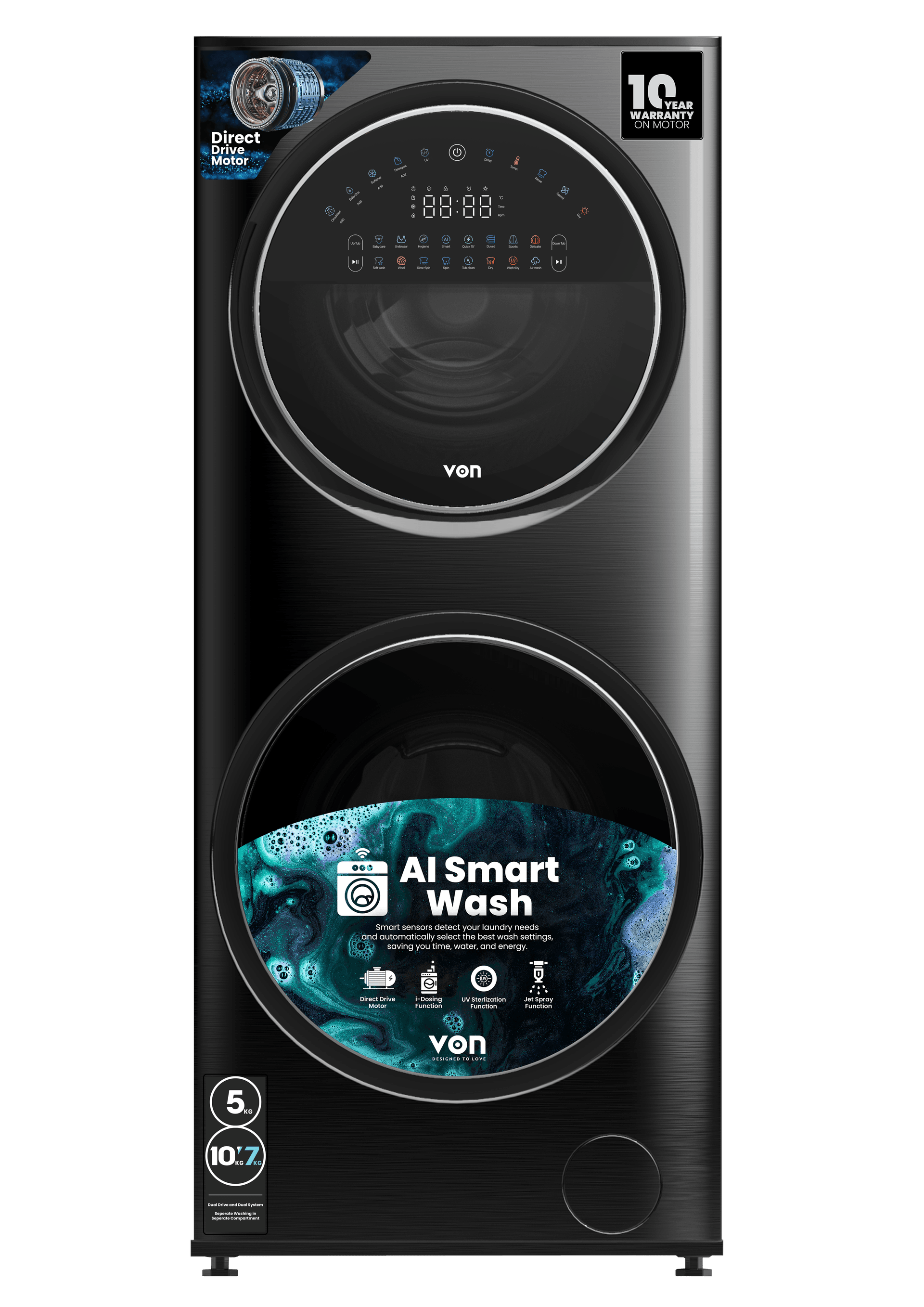 Von 15/7Kg Front Load Washer & Dryer 1400RPM, Direct Drive Motor, Dark Inox (VWT-1576FDDSX)
